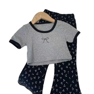 (1-8 tuổi) Bộ đồ phong cách công chúa ngọt ngào cho bé gái Nơ Áo thun ngắn tay loe quần ống rộng trang phục bé gái