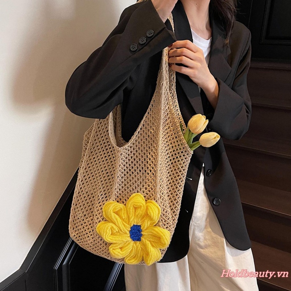 Túi Tote Nữ Slouchy Bohemian 3D Hoa Dệt Ví Đeo Vai Túi Xách Lớn Cho Du Lịch Đi Biển Đại Học