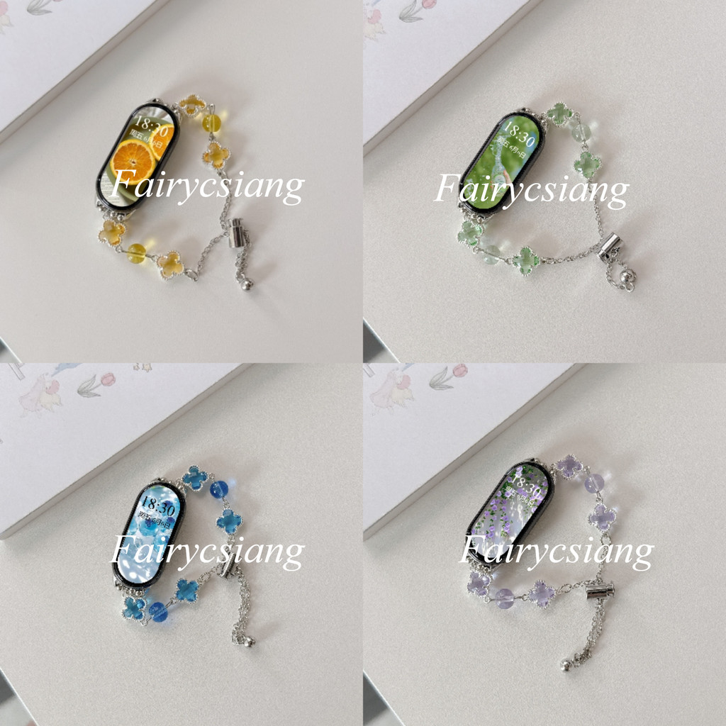 Dây đeo hạt pha lê cỏ ba lá cho Xiaomi Mi Band 10/9/8/7/6/5/4/3/Pro, NFC, vòng tay thể thao cho Miband