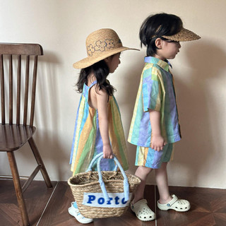 Trang phục mùa hè mới cho bé trai, váy ngắn tay cầu vồng cho bé gái, trang phục phù hợp cho anh chị em, bộ hai mảnh cho kỳ nghỉ