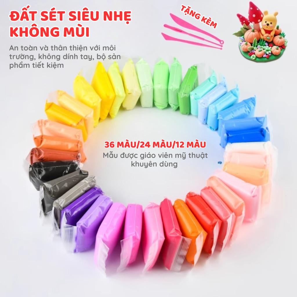 Đất Sét Siêu Nhẹ Không Dính Tay 12/24/36 Màu - Đất Nặn Tự Khô An Toàn Cho Bé & Người Lớn, Handmade Đa Năng