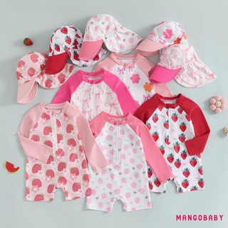 MG-Toddler Girl Dài Tay Đồ Bơi Hoa / Nơ / Dâu In Nửa Dây Kéo Chống Đập Rash Guard Đồ Bơi Sunhat Set