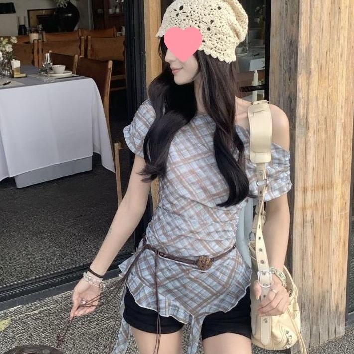 YIBEIKA Mỹ Hot Girl Một Vai Mỏng Cổ Xoay Thời Trang Kẻ Sọc Tay Ngắn Nữ