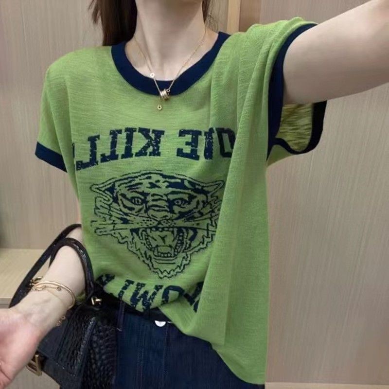 Áo thun Cotton nữ mùa hè 2024 mới thời trang in hình dáng rộng giảm béo tay ngắn nữ hàng đầu