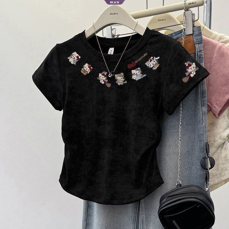 Phim hoạt hình HelloKitty Áo thun ngắn xếp li nữ mùa hè Tie-dye Hồng Phong cách đại học Áo ngắn tay mỏng [BL]