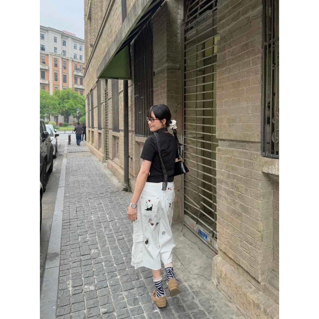 Quần jeans ống rộng in họa tiết mèo và chó màu xanh, dáng thẳng, phong cách Hàn Quốc