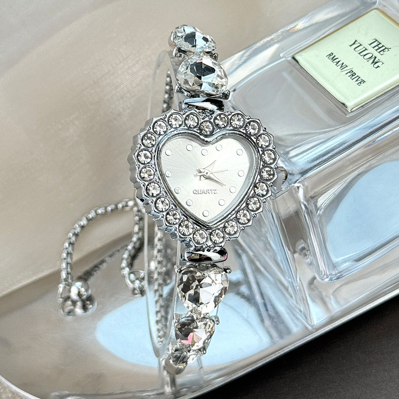 Đồng hồ nữ Vòng tay trang trí hoa tình yêu Đồng hồ thạch anh có mặt số dát kim cương Dây đeo kéo Đồng hồ thời trang nữ