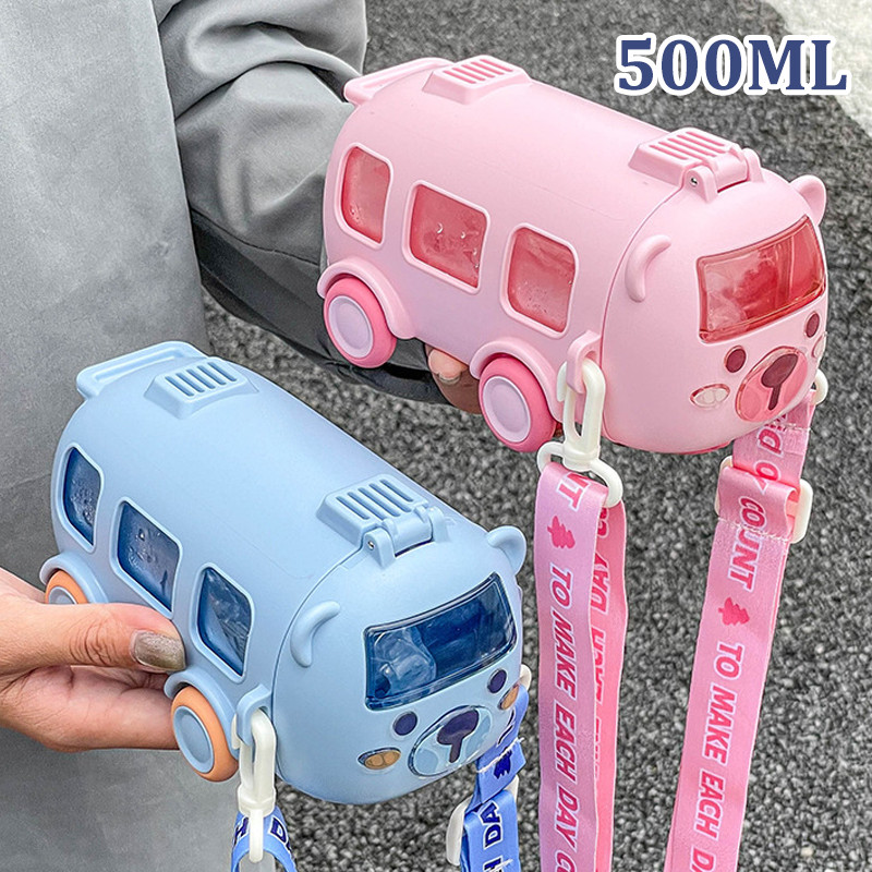 Cốc nước trẻ em, Bình Nước Hình Xe Buýt Ô Tô, Dung Tích 500ML, Cho Bé Đi Học Có Dây Đeo Tiện Lợi