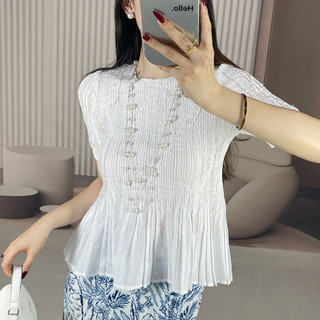 Miyake Xếp Ly Thiết Kế Công Nghiệp Nặng Nổi Cổ Tròn Top Mùa Hè Giảm Tuổi Ôm Hơn Nhìn Phù Hợp Với Tính Khí Áo Thun