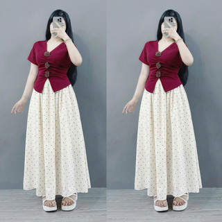 Set bigsize nữ chân váy chấm bi lưng chun dáng dài phối áo thun đính hoa tiểu thứ vintage Set A275+ CV422