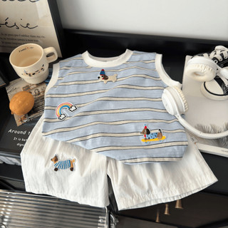 Bộ áo vest và quần short trẻ em mùa hè mới cho bé trai, áo phông không tay họa tiết hoạt hình sọc, bộ hai mảnh