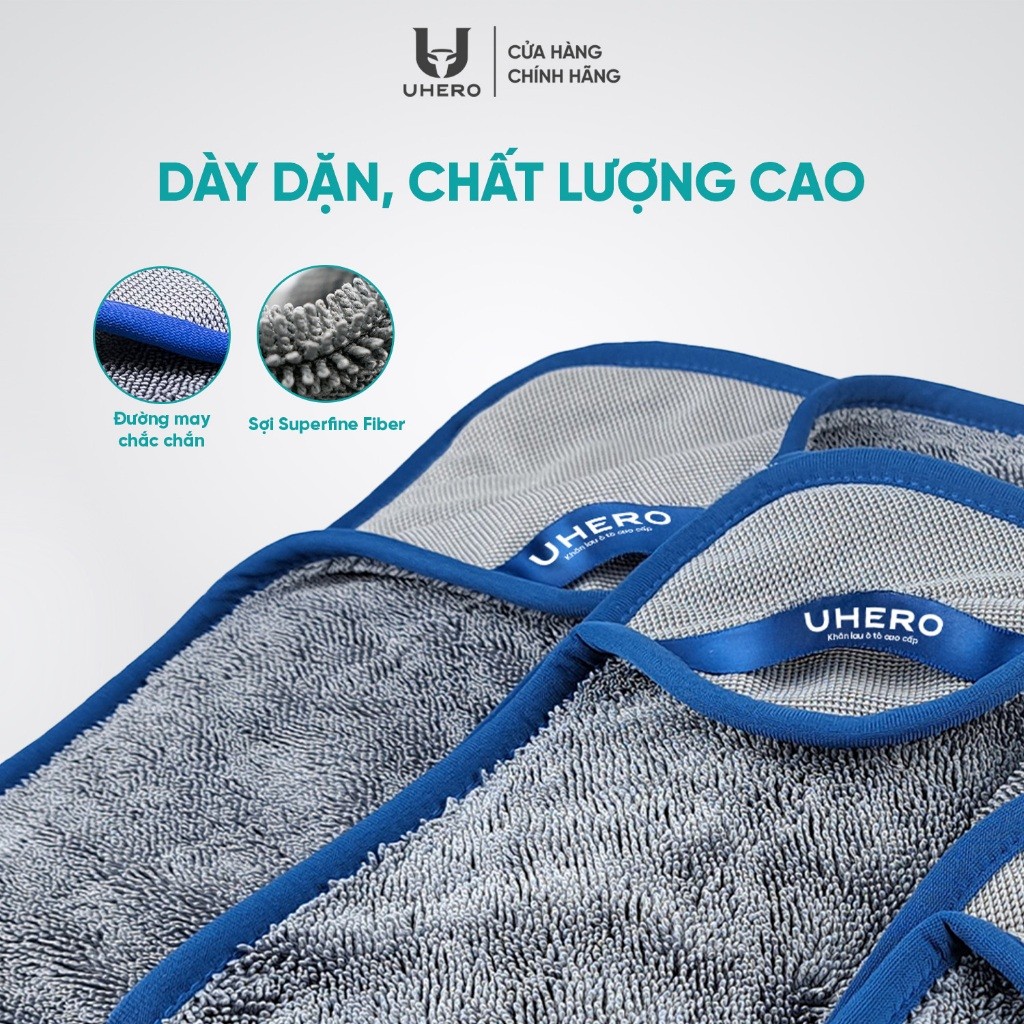 Khăn lau ô tô 40x40cm UHERO Superfine Fiber 650gsm thấm hút, mềm mịn, chống trầy xước KL02