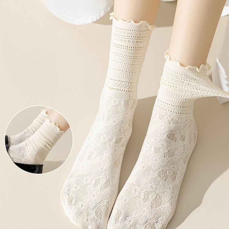 Tất Nữ Mỏng Phong Cách Rỗng Thoáng Khí Ren Cọc Tất Nấm Cạnh Tất Ren Giữa Ống Tất Với Mary Jane Giày