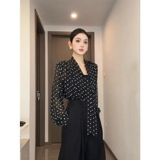 ✨Mùa Hè Retro Pháp Nơ Chấm Bi Voan Áo Sơ Mi Top Rời Lười Tính Khí Chống Nắng Áo Sơ Mi 25.5.29