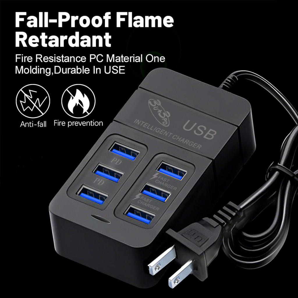Khối sạc nhanh 6 cổng USB PD với 3 cổng Type-C, Bộ chuyển đổi du lịch đa năng cho US / EU / UK, Trạm sạc đa thiết bị nhỏ gọn