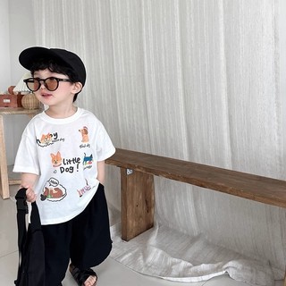 Áo thun cotton ngắn tay mùa hè cho bé trai và bé gái, áo cơ bản in hình động vật hoạt hình cho trẻ em, áo thường ngày cho bé