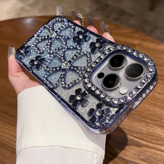 Ốp điện thoại hoa mận nhỏ viền kim cương lấp lánh sang trọng phù hợp cho 16 15 14 13 12 11 Pro Max chống sốc bảo vệ camera chống rơi mặt sau mềm