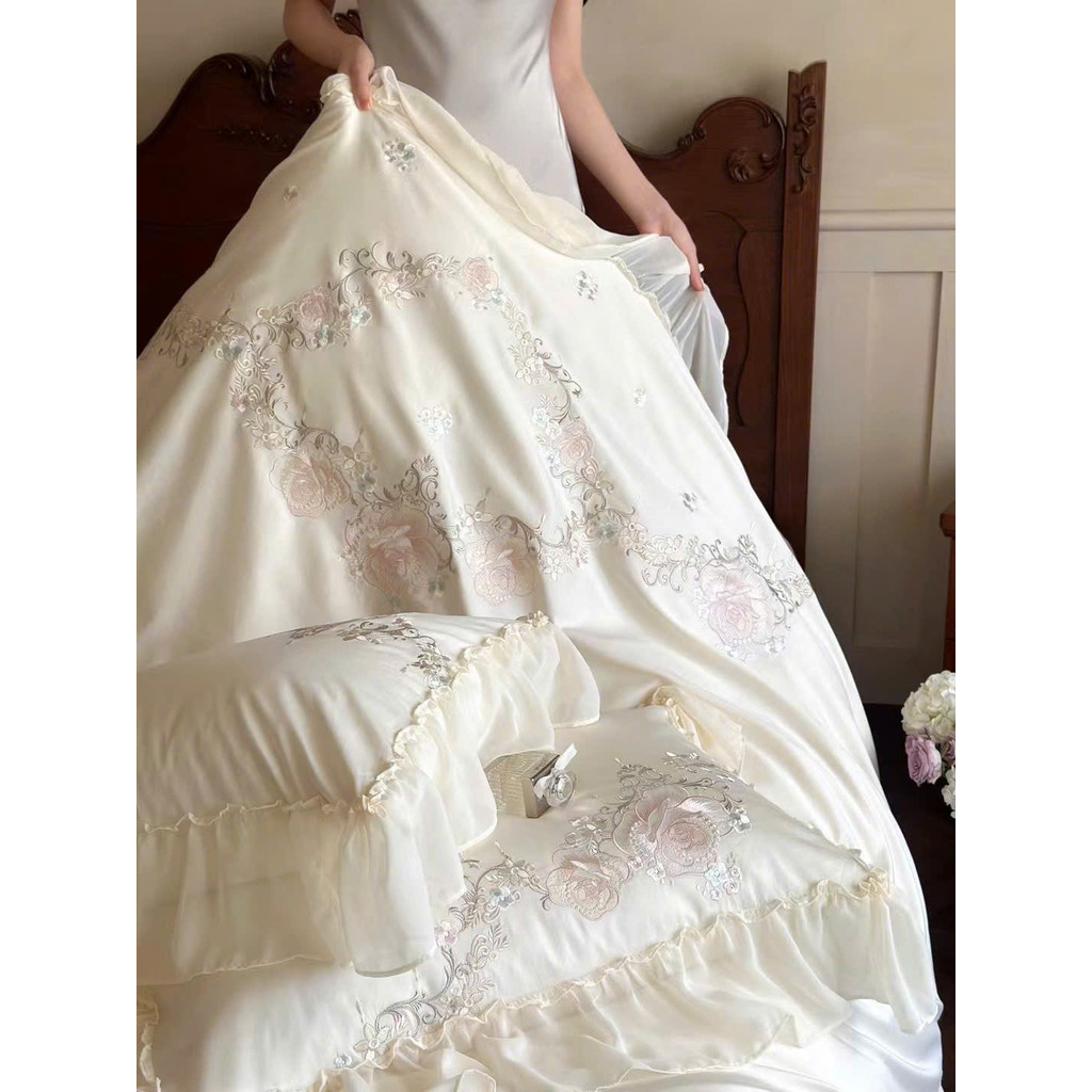 (L41538)Bộ Chăn Ga Gối Chất Liệu Lụa 100s Cao Cấp Thêu Hoa Kết Hợp Viền Bèo Tinh Xảo Tiểu Thư - Memminbedding Luxury