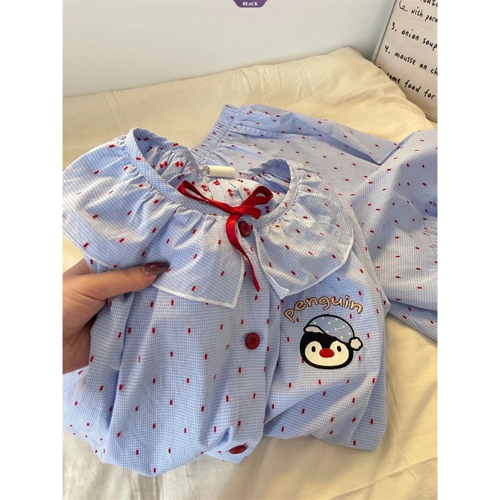 Penguin Chấm Bi Bộ Đồ Ngủ Ren Nữ Mùa Hè 2025 Mới Ngọt Ngào Quần Short Tay Loopy Set [BL]