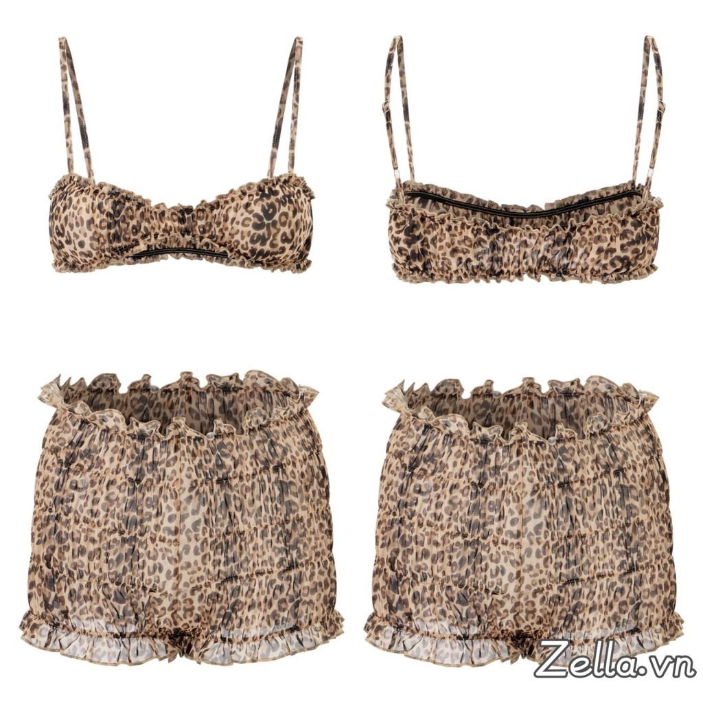 Bộ In Hình Da Báo Nữ Cổ Người Yêu Cổ Thấp Cami Top và Quần Short Ruffle 2 Mảnh