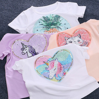 Áo thun Sequin lật bé gái 2025 với thiết kế Unicorn Pony và phong cách mùa hè dễ thương