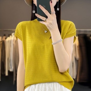 Cổ Tròn Tay Ngắn Nữ Mỏng Phong Cách Mùa Hè Phong Cách Mới Hình Kim Cương Rỗng Ôm Phù Hợp Với Đáy A