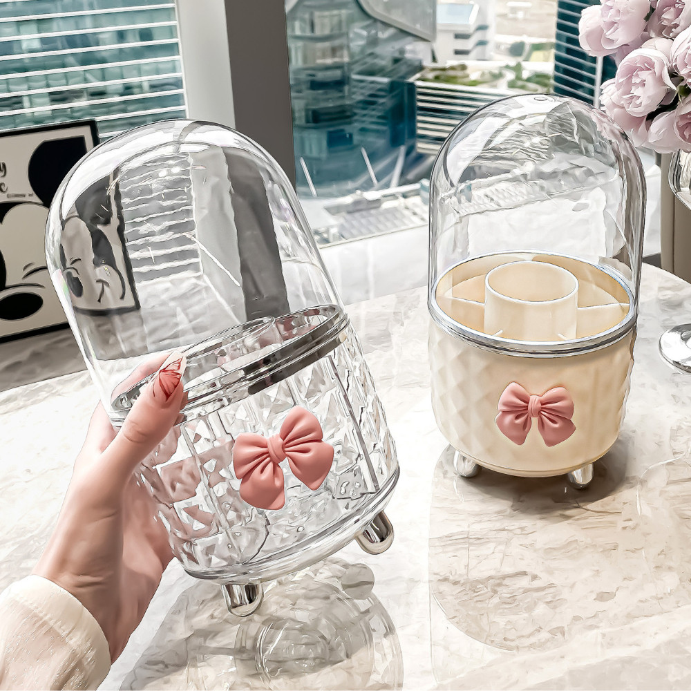 Hộp đựng mỹ phẩm vân kim cương xoay 360 có nắp chống bụi, Hộp đựng cọ trang điểm trong suốt cao cấp