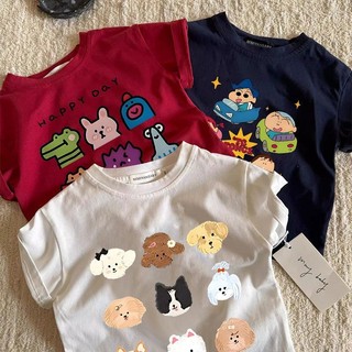 Áo thun cotton ngắn tay mùa hè mới cho bé, áo in hoạt hình rộng rãi cho trẻ em, áo dễ thương cho bé trai và bé gái