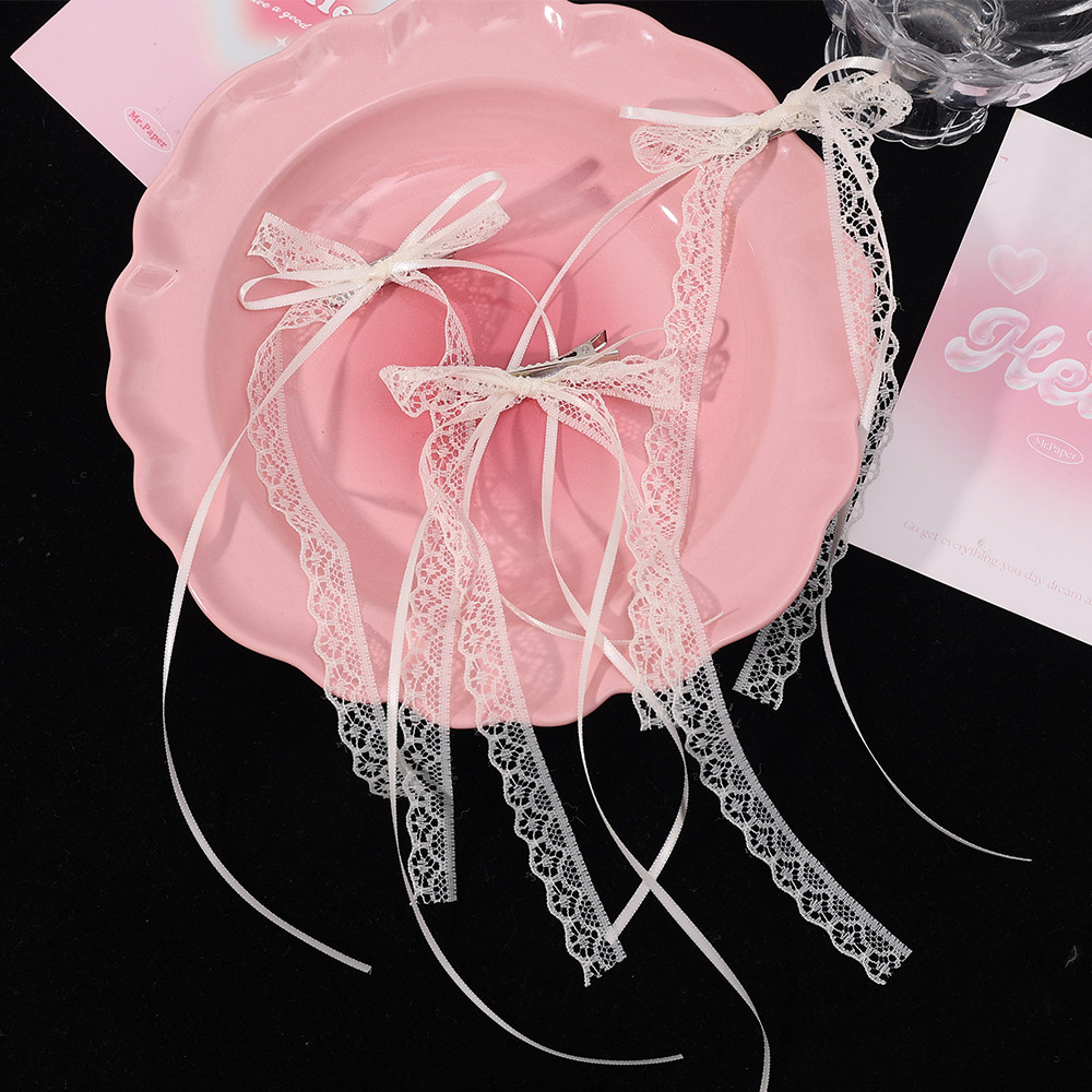 1 / 2 Cặp Đa Năng Ngọt Ngào Thời Trang Ren Kem Nơ Trắng Ruy Băng Kẹp Tóc - Tươi Dễ Thương Phong Cách Ba Lê Ruy Băng Dài Mỏ Vịt Barrettes