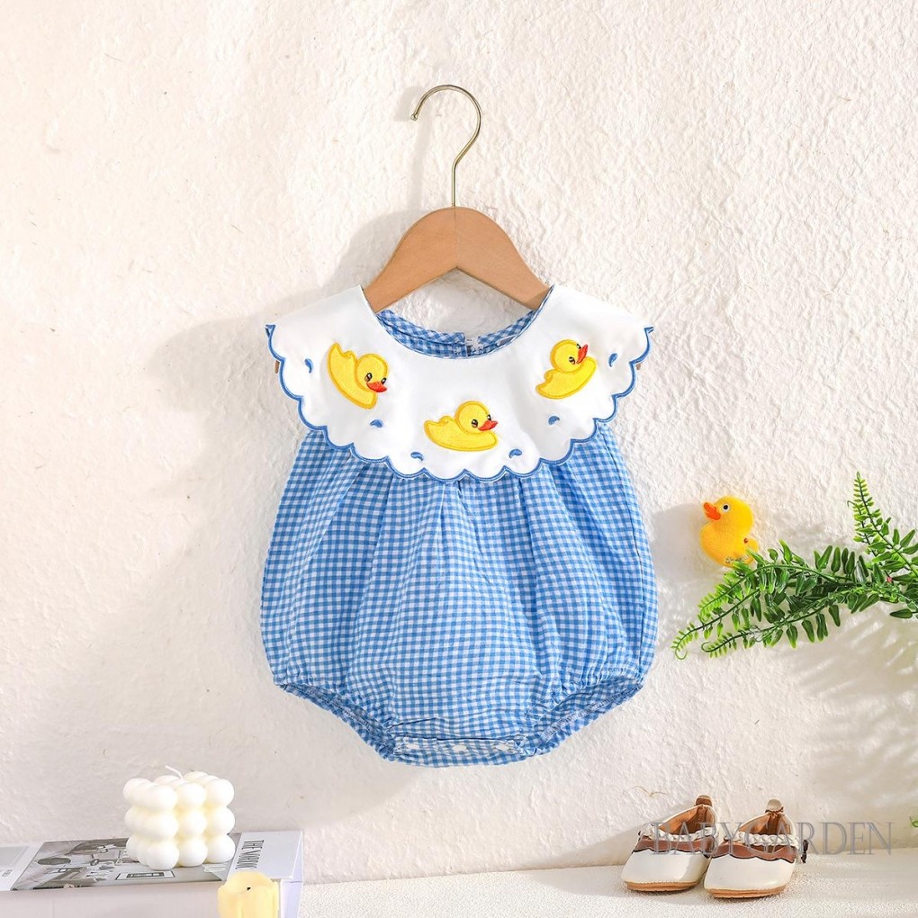 / / -Baby Girl Mùa Hè Kẻ Sọc Áo Liền Quần Màu Xanh Không Tay Cổ Búp Bê Quần Áo Thêu Vịt
