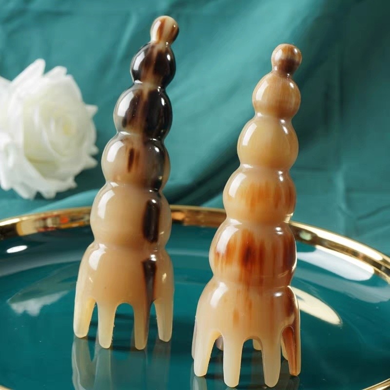 Bàn chải gội đầu bằng sừng bò đen tự nhiên với răng lớn nhọn, bàn chải massage bạch tuộc, lược gội đầu, lược massage 3ISR