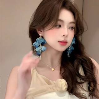 Siêu Cổ Tích Độc Đáo Kỳ Nghỉ Niche Bông Tai Hoa Xanh Nữ Phóng Đại Dài