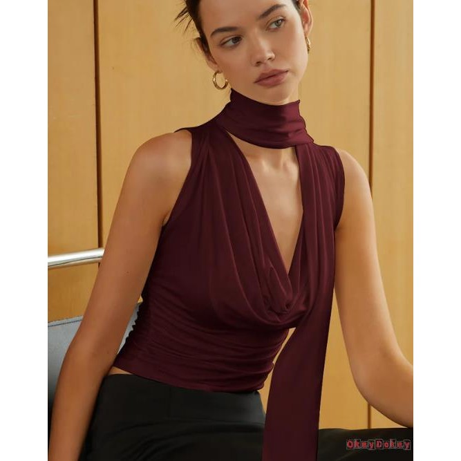 OKDK-Áo xe tăng không tay mùa hè dành cho nữ màu trơn cổ Cowl vest mỏng vừa vặn cho bữa tiệc
