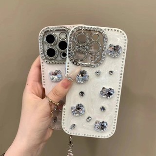 Ốp điện thoại mèo kem viền kim cương flash sang trọng bao gồm tất cả cho iPhone16 15 14 13 Pro Max chống sốc bảo vệ camera chống rơi bìa cứng