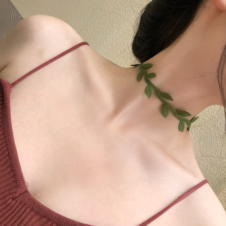 Dây chuyền ngắn phong cách Hàn Quốc và Nhật Bản, trang sức choker thời trang, lá, hoa đôi, dây chuyền xương đòn lá cây xanh tươi cho phụ nữ