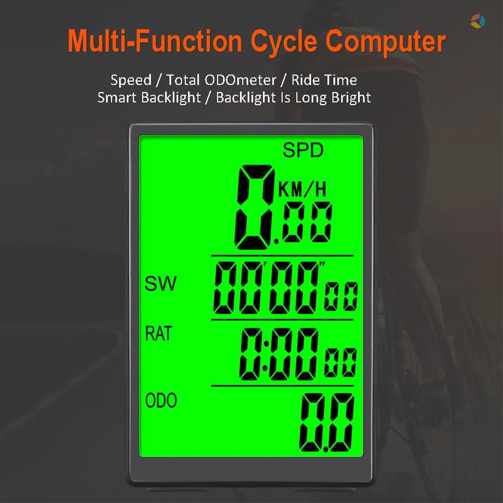 Máy tính xe đạp không dây đồng hồ tốc độ chống nước có đèn nền LCD màu xanh lá cây