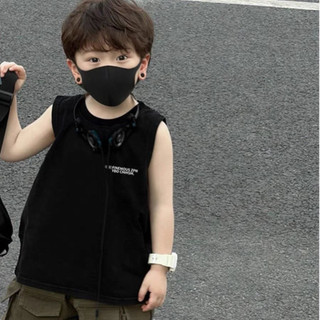Áo vest cotton không tay mới cho bé trai mùa hè, áo đen in chữ cho trẻ nhỏ và bé trai nhỏ
