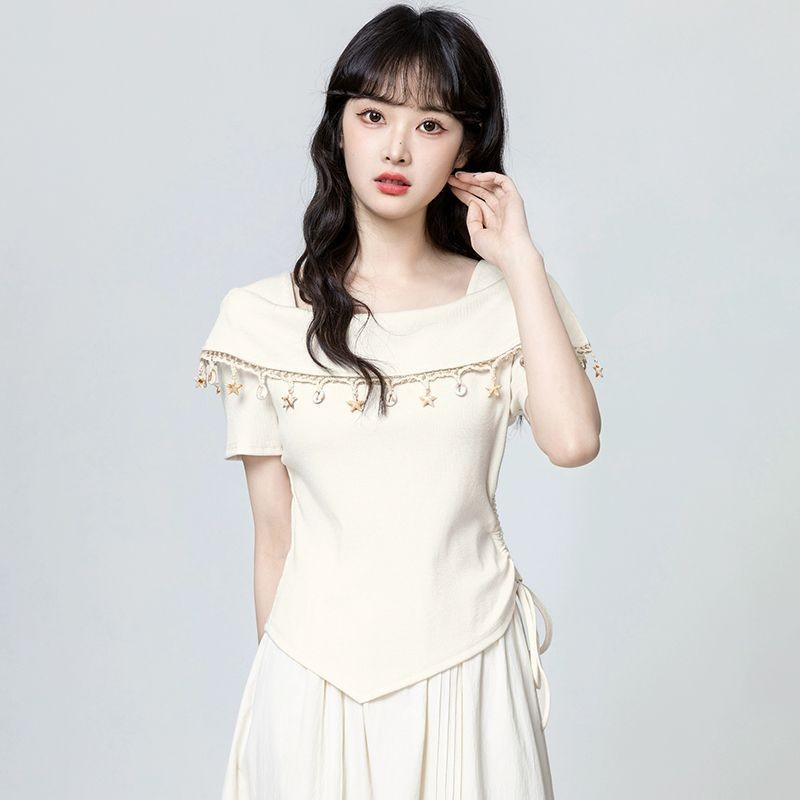 Áo Thun nữ Phong Cách Bohemian Mùa Hè 2025 Tay Ngắn Tua Rua Thiết Kế eo Hẹp Mỏng Hơn Nhìn Top