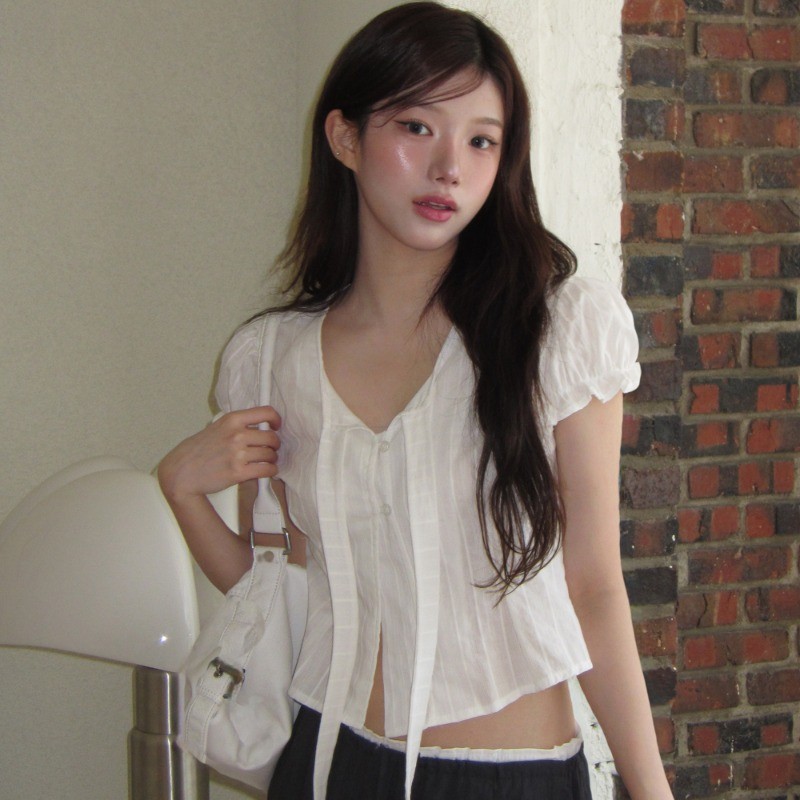 SUXI Áo sơ mi nữ tay phồng buộc dây đơn giản phong cách Hàn Quốc mới mùa hè 250523