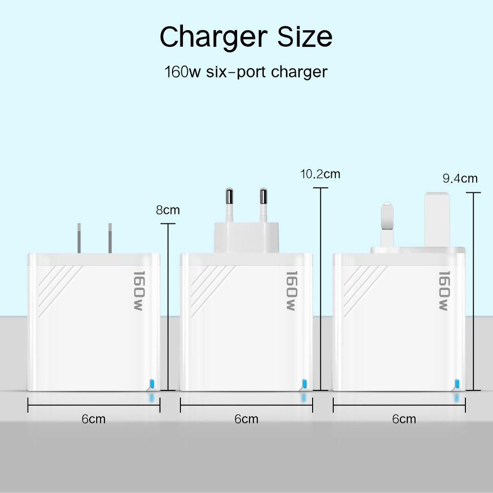 Ổ cắm sạc HOBBYIN 160W, có đèn LED EU / US / UK Bộ sạc điện thoại, USB A + C 6 cổng PD QC3.0 Bộ sạc đa cổng cho / /