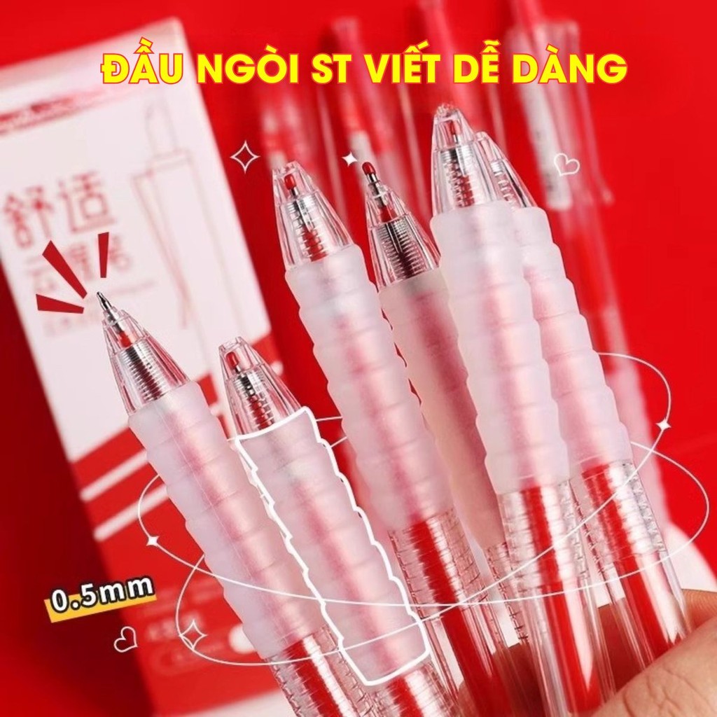 Bút Gel Nước ST 0.5mm 3 Màu (Đen, Xanh, Đỏ) - Bút Bi Bấm Mực Ra Đều, Viết Trơn, Bền Đẹp Không Sợ Đau Tay
