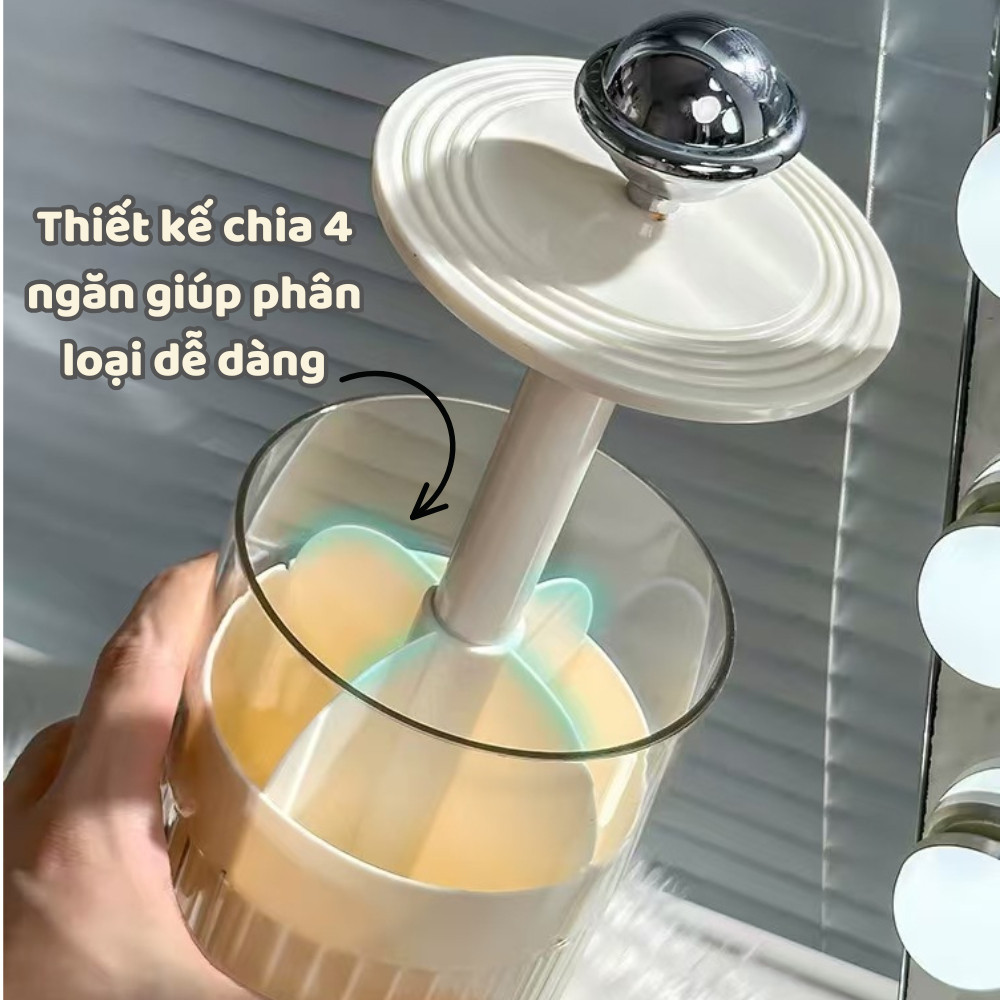 Hộp đựng cọ trang điểm nâng tự động Dinohome, Hộp đựng mỹ phẩm 4 ngăn có nắp chống bụi tiện lợi