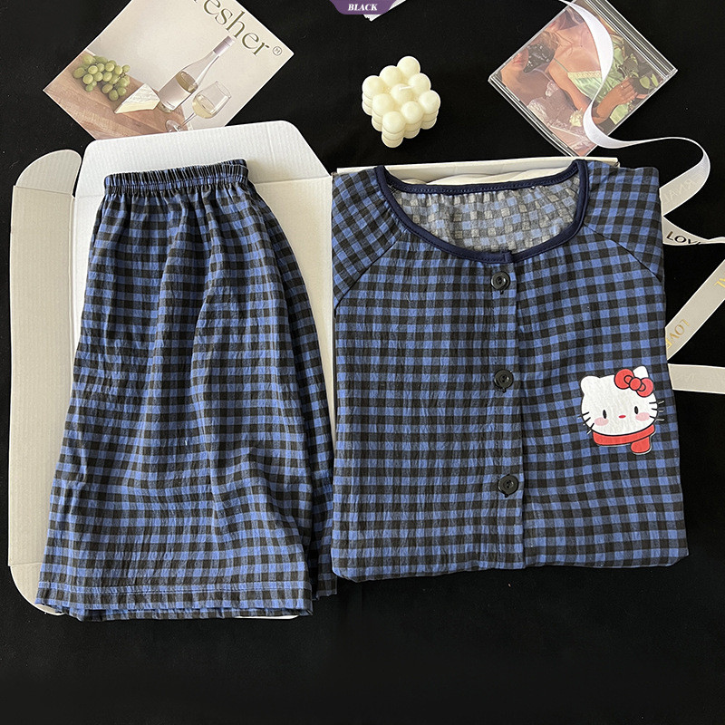 Hoạt Hình HelloKitty Bộ Đồ Ngủ Nữ Mùa Hè Cardigan Dễ Thương Học Sinh Quần Short Tay Ngắn Bộ Đồ Gia Đình [BL]