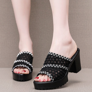 Dép Nữ Cao Gót Vuông Quai Lưới Đính Đá ZicZac Đế Pu Siêu Nhẹ Cao Cấp Bigsize (35-40) -MS CG14