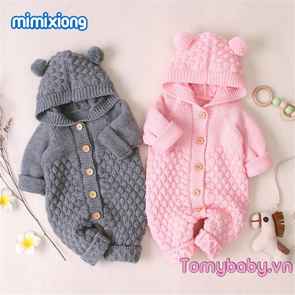 Bộ áo liền quần dài tay dệt kim màu trơn cho bé gái bé trai