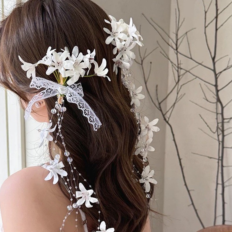 Kẹp tóc tua rua hoa lily thanh lịch - phụ kiện mùa hè đi biển ren nơ mỏ vịt