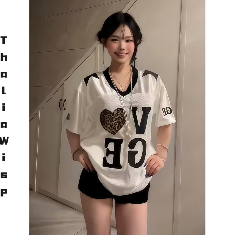 ThaliaWisp Áo Thun Nam Tay Ngắn Mùa Hè Mới Mỹ Retro Jersey Rời Nhanh Khô Cổ Chữ V Top