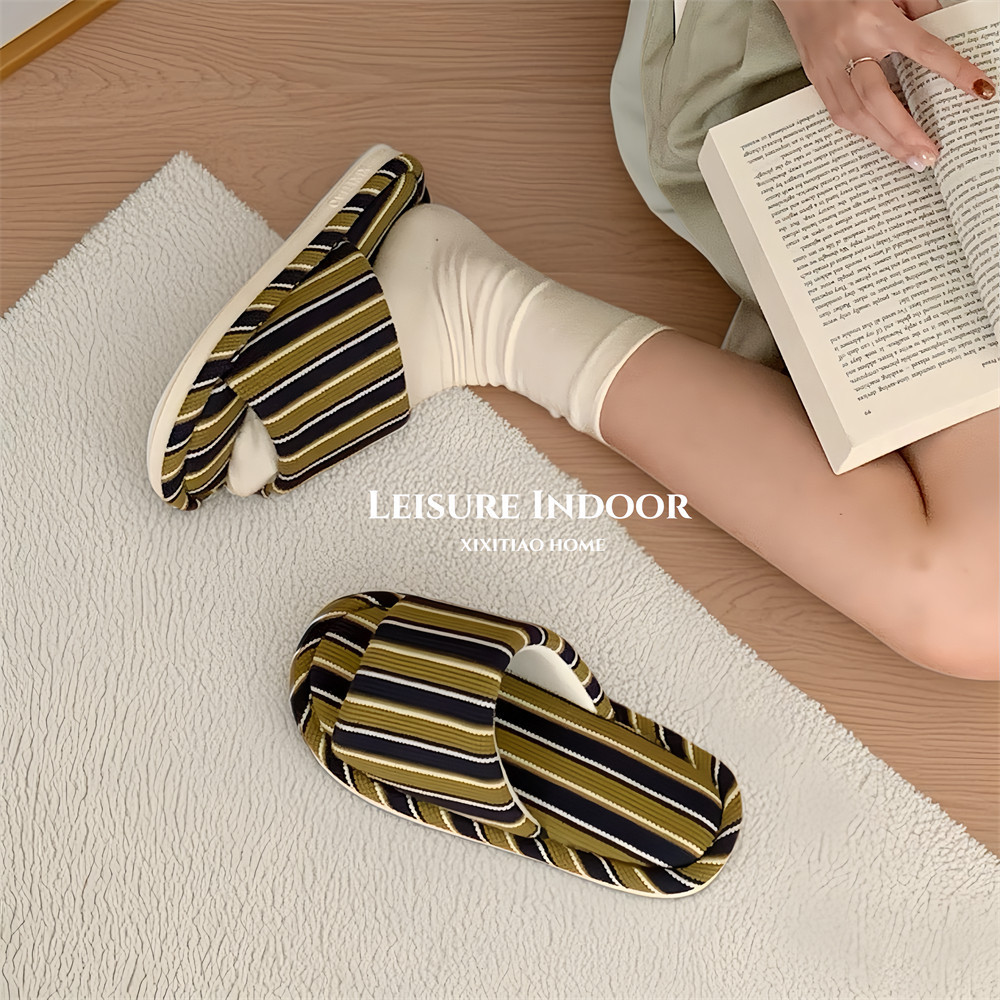 XIXITIAO Dép Vải Lanh Cotton Đế Mềm Bốn Mùa Đa Năng Nữ Sọc Sàn Nhà Giày Phong Cách Nhật Bản