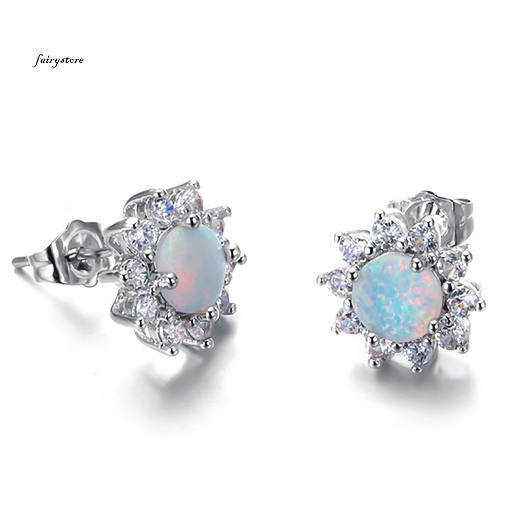 Fairystore| Sáng Bóng Tròn Giả Opal Vương Miện Hình Quyến Rũ Bông Tai Nữ Dự Tiệc Trang Sức Quà Tặng