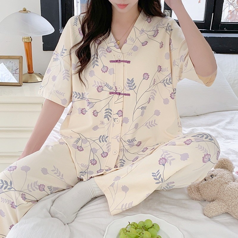 2024 Bộ Đồ Ngủ Mới Nữ Mùa Hè Quần Ngắn Tay Guofeng Cardigan Cổ Chữ V Mỏng Phù Hợp Với Mặc Ở Nhà